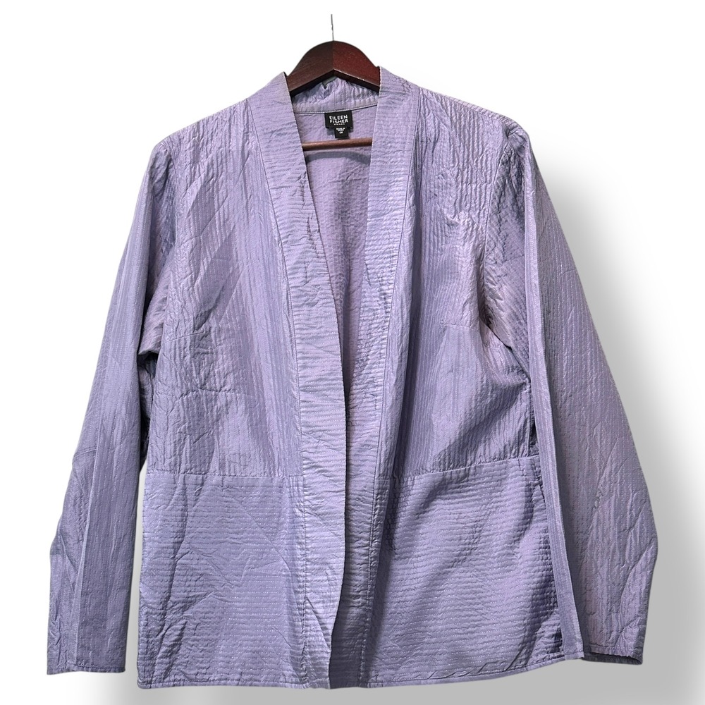 Eileen Fisher Woman 1X‎ Silk Blend Crinkle Open Jacket Purple Minimalist Luxury